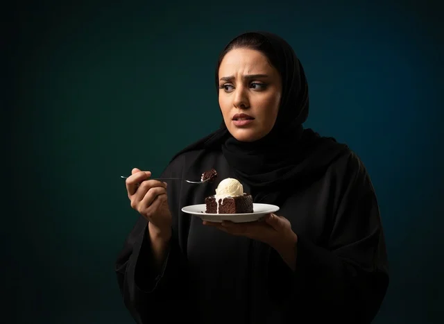 Saudi Woman with Chocolate Cake and Hesitant Expression