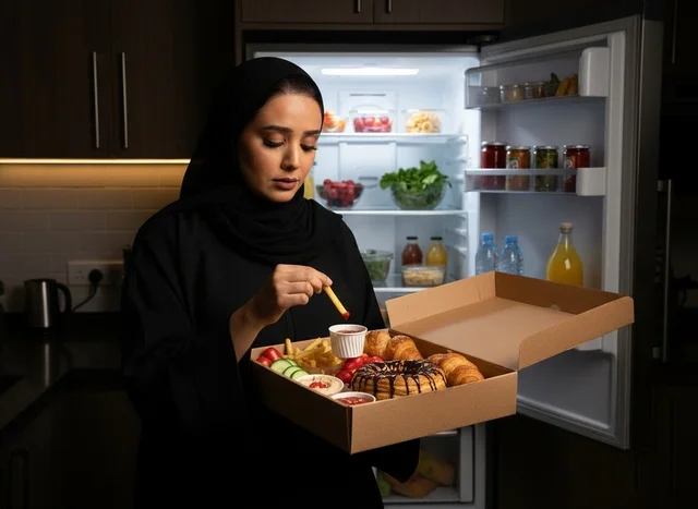 Arab Woman in Abaya Eating Fast Food in Dark Kitchen