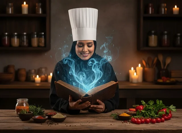 شيف سعودية مع كتاب طهي سحري متوهج في المطبخ