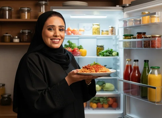 امرأة سعودية بالعباءة تحمل طبق معكرونة أمام الثلاجة امرأة سعودية بالعباءة تحمل طبق معكرونة أمام الثلاجة