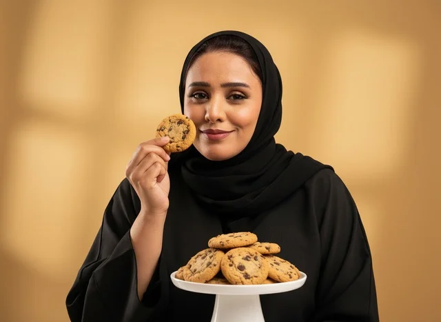 امرأة سعودية بالعباءة تحمل بسكويت الشوكولاتة