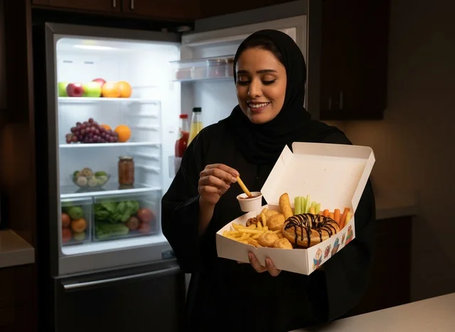 Saudi Woman Eating Fast Food in a Dark Kitchen
