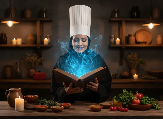 Saudi Female Chef With Glowing Magic Cookbook