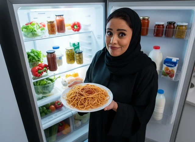 امرأة سعودية تحمل طبق سباغيتي أمام ثلاجة مفتوحة