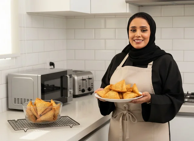 Saudi Woman Holding Sambousek Plate in Modern Kitchen