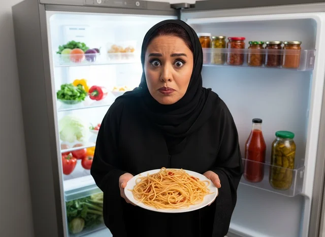 Saudi Woman in Abaya with Spaghetti by Refrigerator