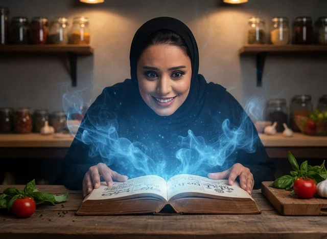 Arab Woman with Glowing Magic Book in Kitchen