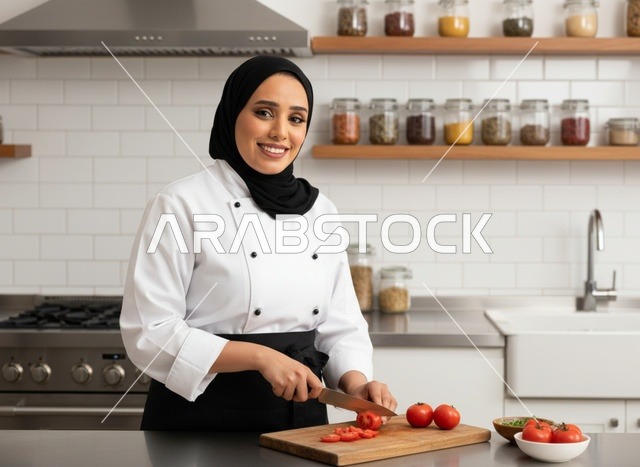طاهية عربية تقطع الطماطم في مطبخ حديث