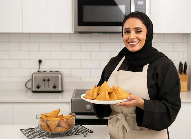امرأة سعودية تحمل طبق سمبوسة في المطبخ