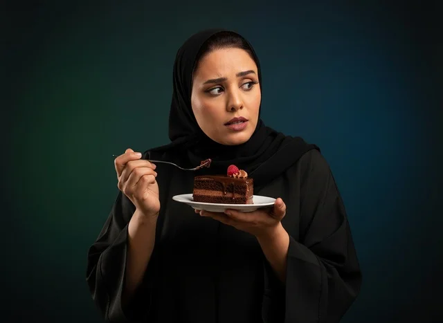 Saudi Woman in Abaya Holding Chocolate Cake