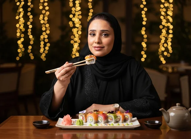 امرأة عربية بالعباءة السوداء تتناول السوشي في مطعم امرأة عربية بالعباءة السوداء تتناول السوشي في مطعم