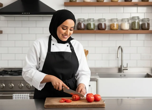 طاهية عربية محجبة تحضر الطعام في مطبخ حديث