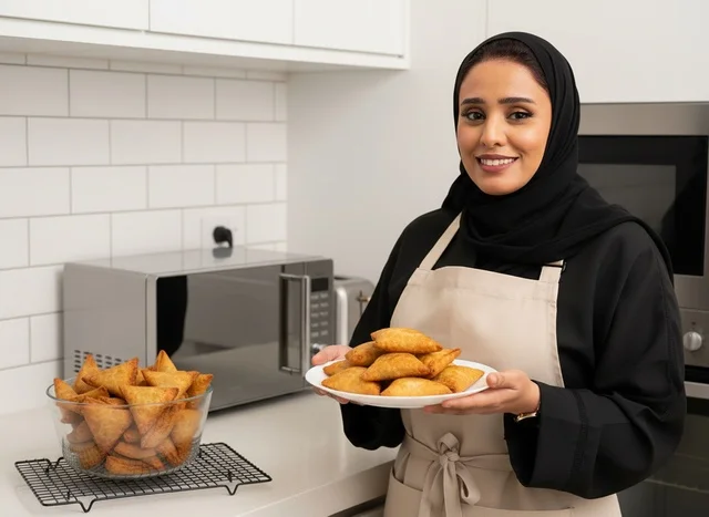 Saudi Woman Holding Sambousek Plate in Modern Kitchen