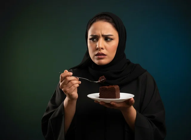 امرأة إماراتية بالعباءة تحمل كعكة الشوكولاتة