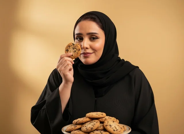 امرأة سعودية بالعباءة تمسك قطعة بسكويت