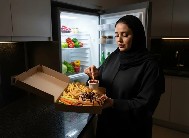 Arab Woman in Abaya with Fast Food in Kitchen