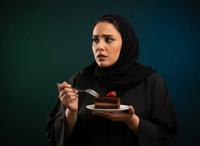 امرأة سعودية بالعباءة مع كعكة الشوكولاتة وتعبير قلق