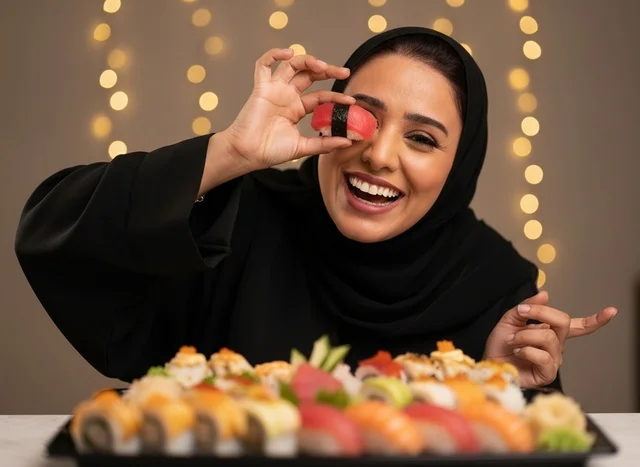 امرأة سعودية بالعباءة تتناول السوشي في مطعم