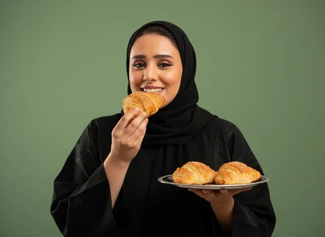 امرأة سعودية بالعباءة السوداء تتناول الكرواسون الطازج