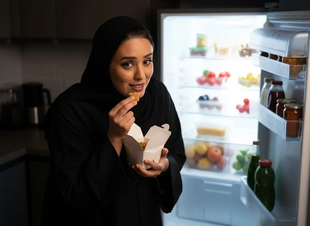 امرأة عربية تأكل وجبة خفيفة أمام الثلاجة ليلاً