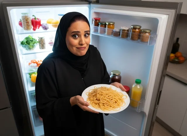 امرأة عربية تحمل طبق معكرونة أمام ثلاجة مفتوحة امرأة عربية تحمل طبق معكرونة أمام ثلاجة مفتوحة