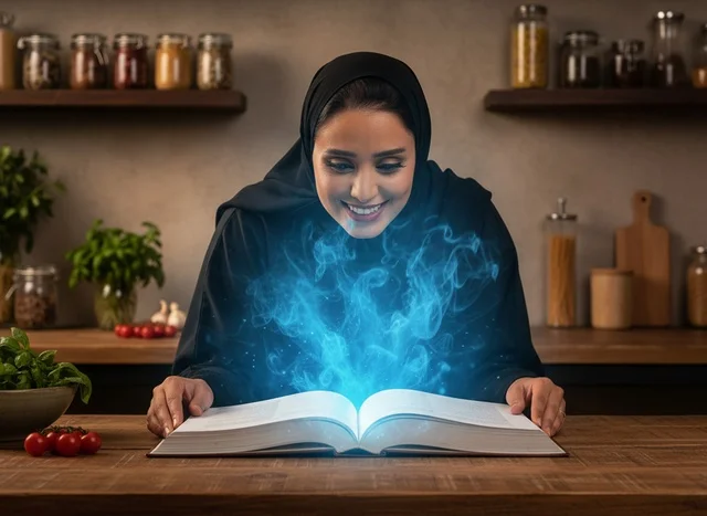 Saudi Woman Reading Magical Book in Kitchen