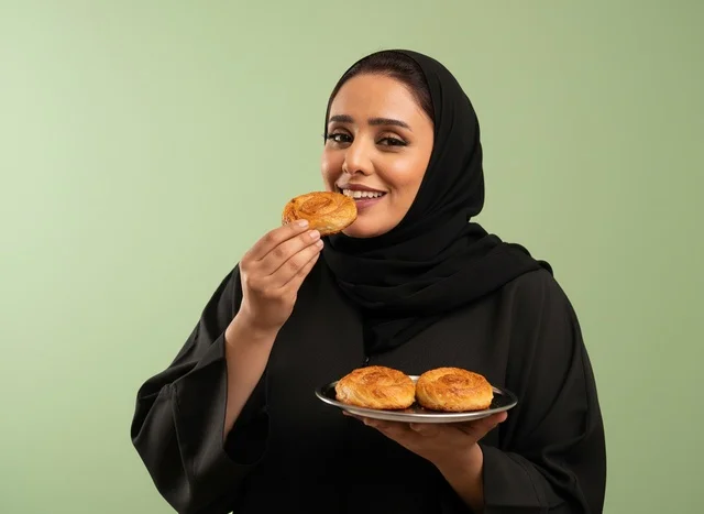Emirati Woman in Abaya Eating Traditional Pastry
