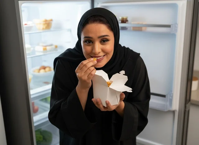 Saudi Woman in Abaya Eating Takeout Near Refrigerator