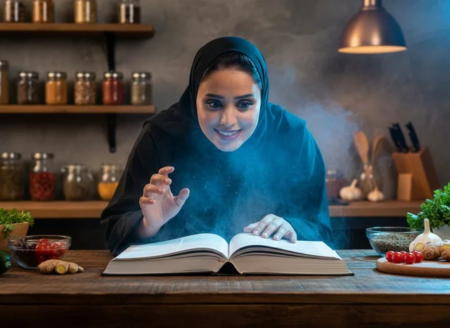 Saudi Woman in Abaya Reading Glowing Book in Kitchen