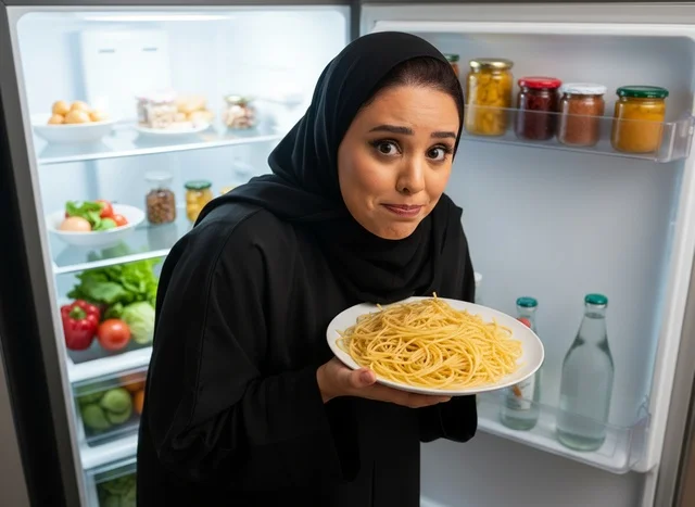 امرأة سعودية بالعباءة تحمل طبق مكرونة أمام ثلاجة مفتوحة