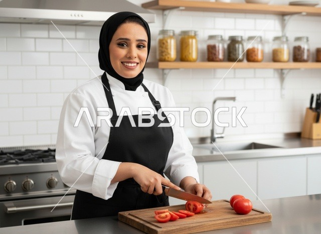شيف عربية محجبة تقطع الطماطم في مطبخ حديث