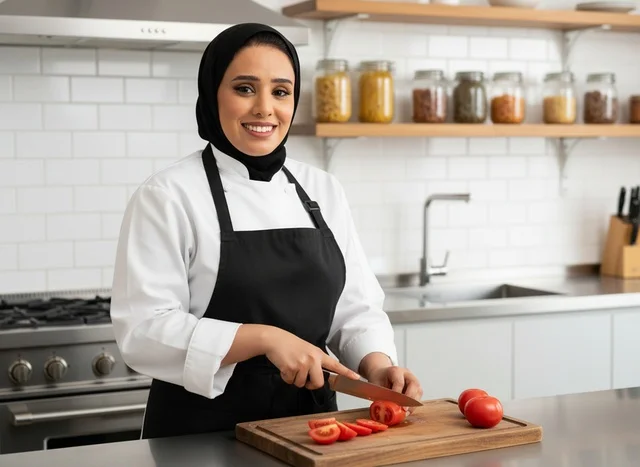 شيف عربية محجبة تقطع الطماطم في مطبخ حديث