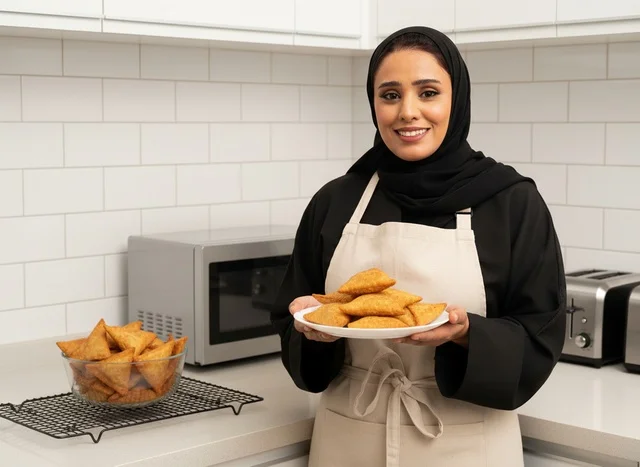 Saudi Woman in Kitchen Holding Plate of Sambousek