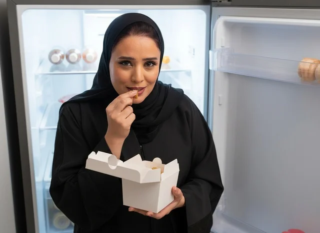 Emirati Woman Eating Late Night Snack from Refrigerator