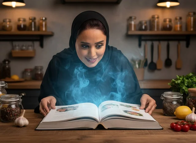 امرأة عربية بالعباءة تقرأ كتاب طهي سحري في المطبخ