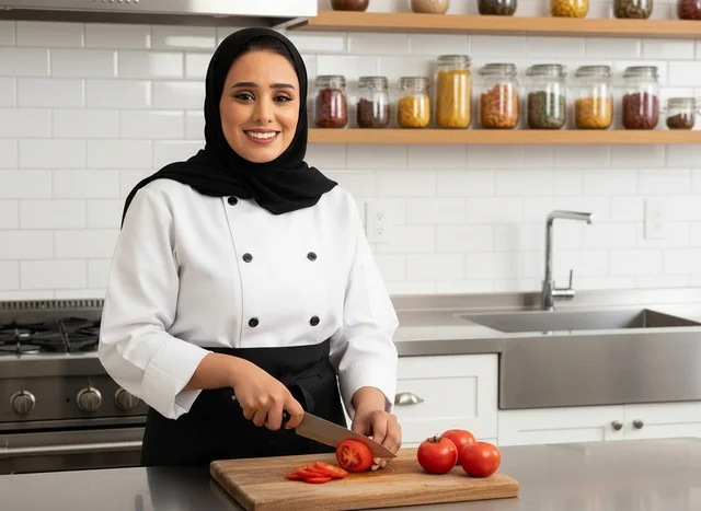 Saudi Female Chef Cooking in Modern Kitchen