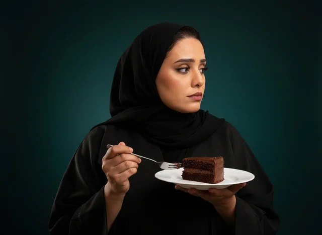 امرأة إماراتية بالعباءة مع كعكة الشوكولاتة في الاستوديو