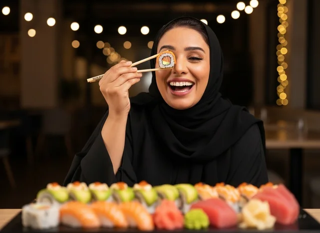 امرأة إماراتية تتناول السوشي في مطعم