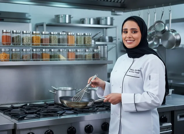 Saudi Female Chef Cooking in Professional Kitchen