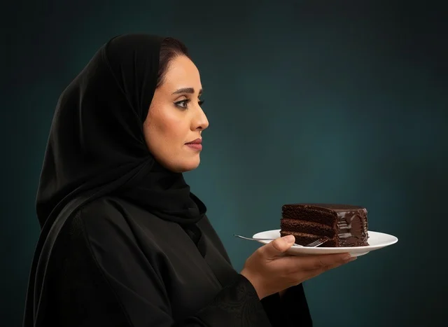 امرأة سعودية بالعباءة تحمل قطعة كعكة شوكولاتة