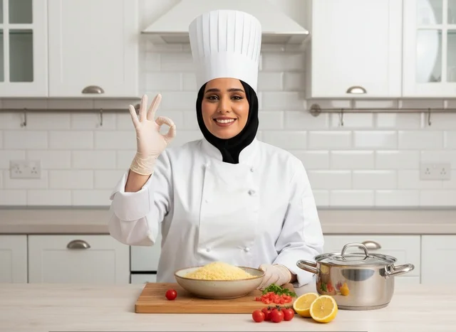 طاهية عربية محجبة في مطبخ أبيض عصري