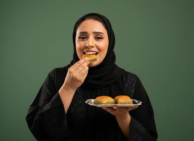 امرأة سعودية بالعباءة تتناول الحلويات الشرقية التقليدية