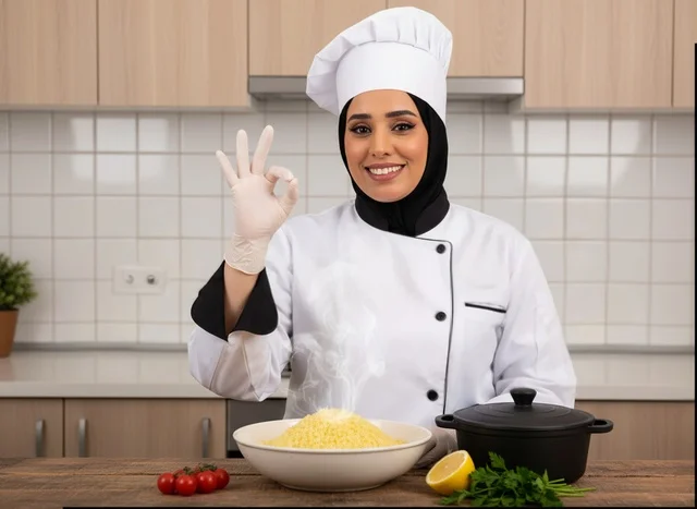 Arab Female Chef in White Uniform in Kitchen