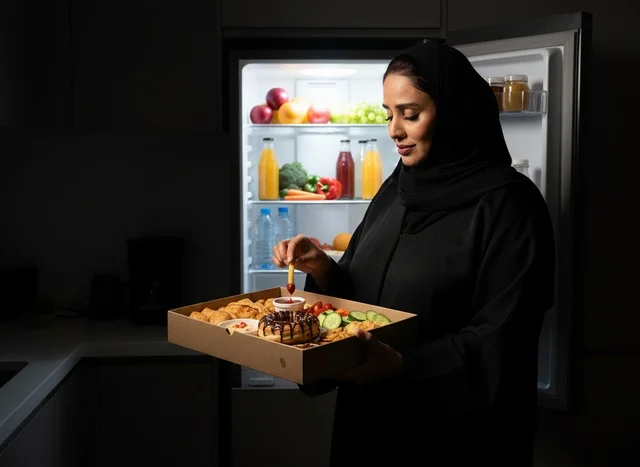 امرأة إماراتية تحمل وجبات سريعة أمام ثلاجة مفتوحة