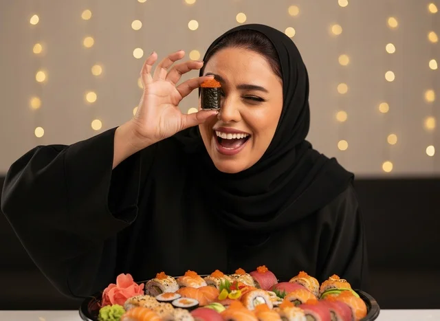 امرأة إماراتية بالعباءة تتناول السوشي في مطعم
