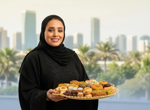 Emirati Woman with Traditional Arabic Sweets Platter
