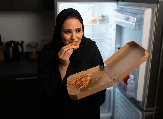 Arab Woman Eating Pizza by Refrigerator in Kitchen