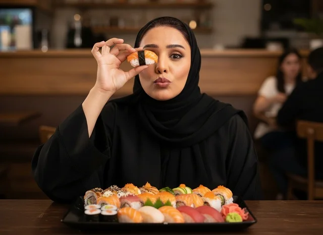 امرأة عربية بالعباءة تتناول السوشي في مطعم