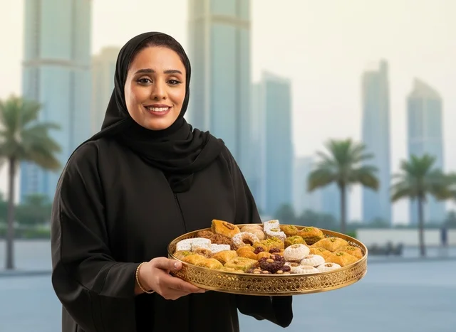 Emirati Woman Holding Traditional Arabic Sweets Tray