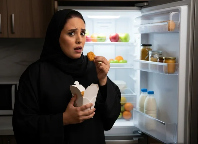 امرأة سعودية تأكل وجبة سريعة أمام الثلاجة